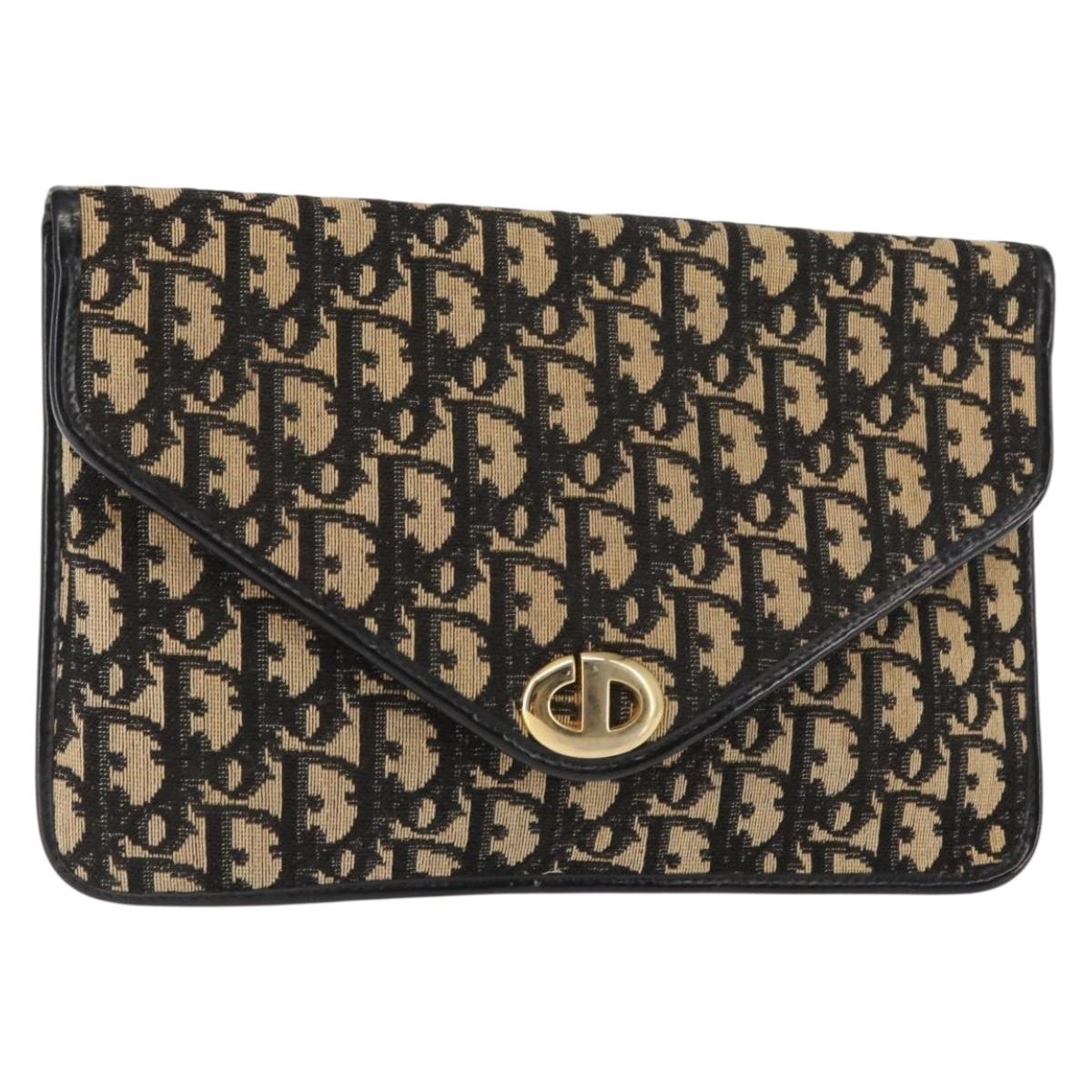 Christian Dior Trotter Canvas Chain Clutch Bag Navy Gold Auth 146425