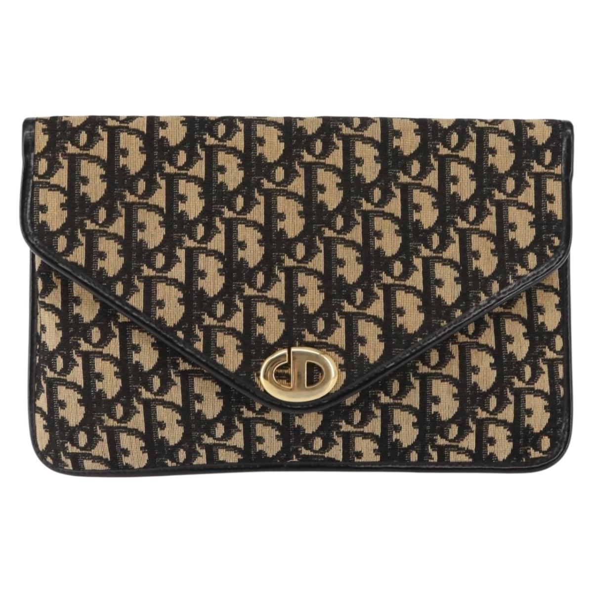 Christian Dior Trotter Canvas Chain Clutch Bag Navy Gold Auth 146425