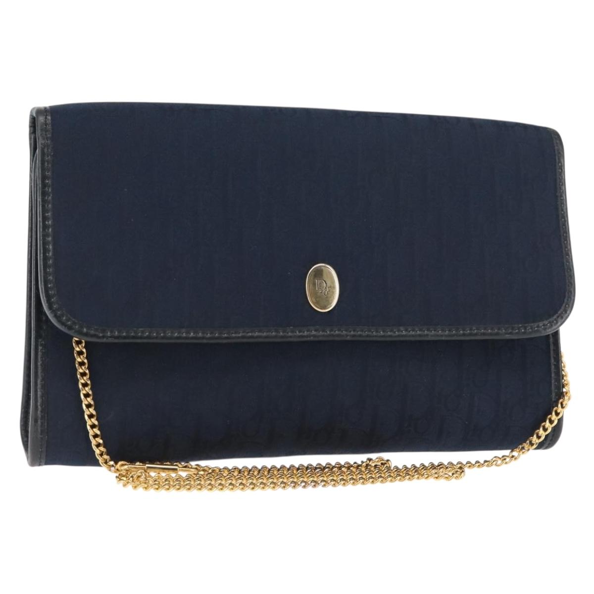 Christian Dior Trotter Canvas Chain Shoulder Bag Navy Gold Auth 146428