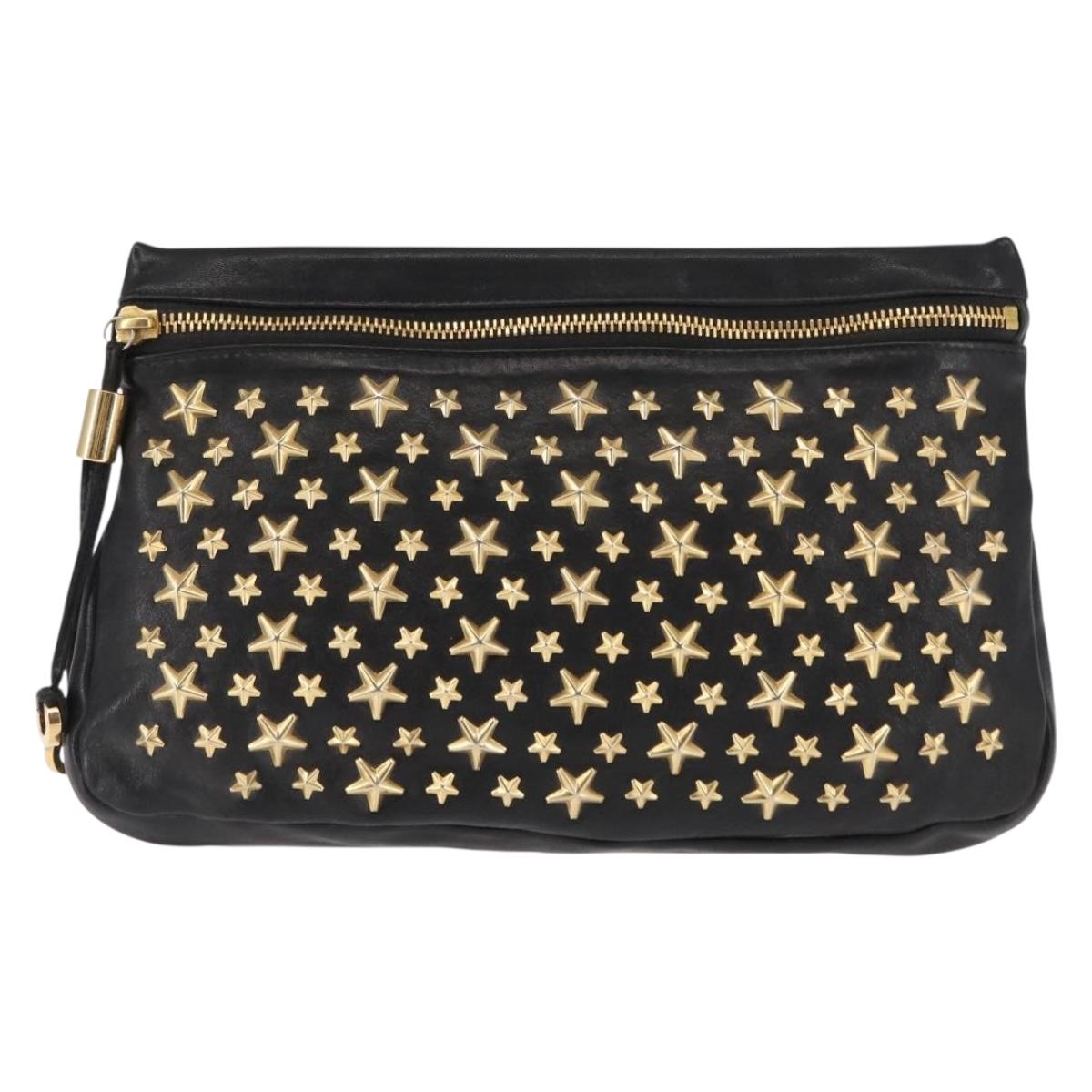 Jimmy Choo Studs Clutch Bag Leather Black Gold Auth 146429