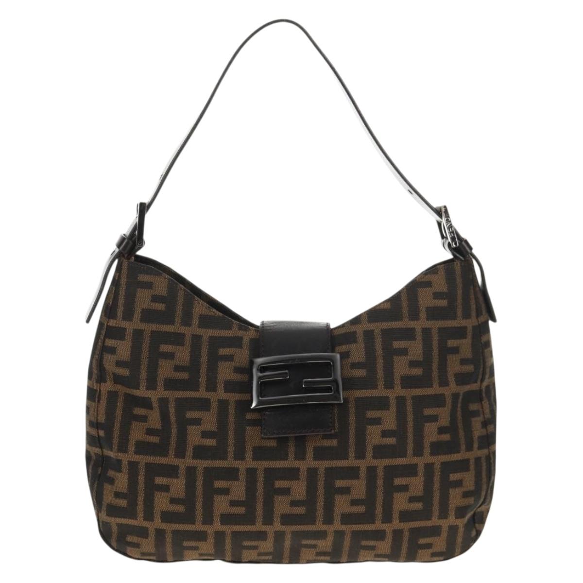 FENDI Zucca Canvas Mamma Baguette Tote Bag Black Brown Auth 146437V