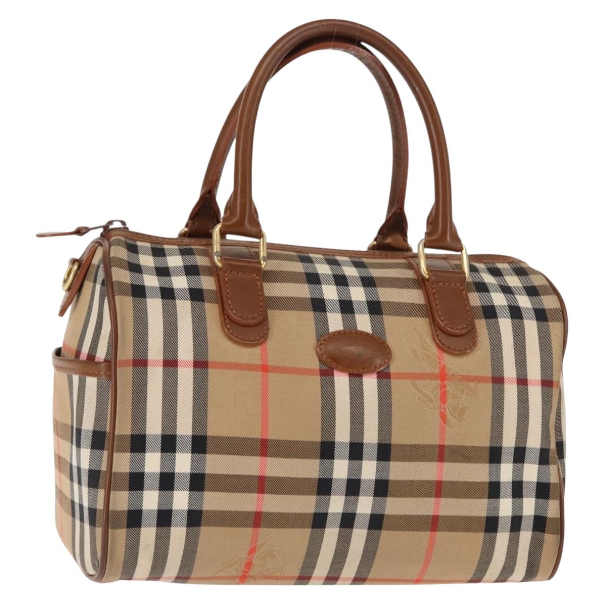 Burberrys Nova Check Hand Bag Canvas Beige Gold Auth 146440