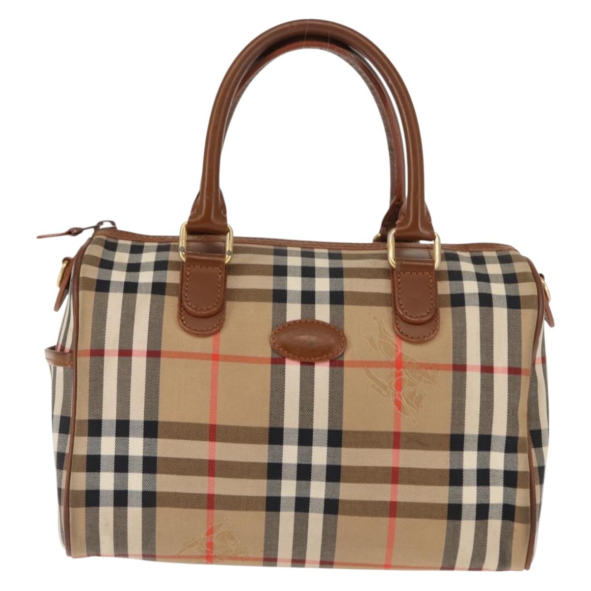 Burberrys Nova Check Hand Bag Canvas Beige Gold Auth 146440