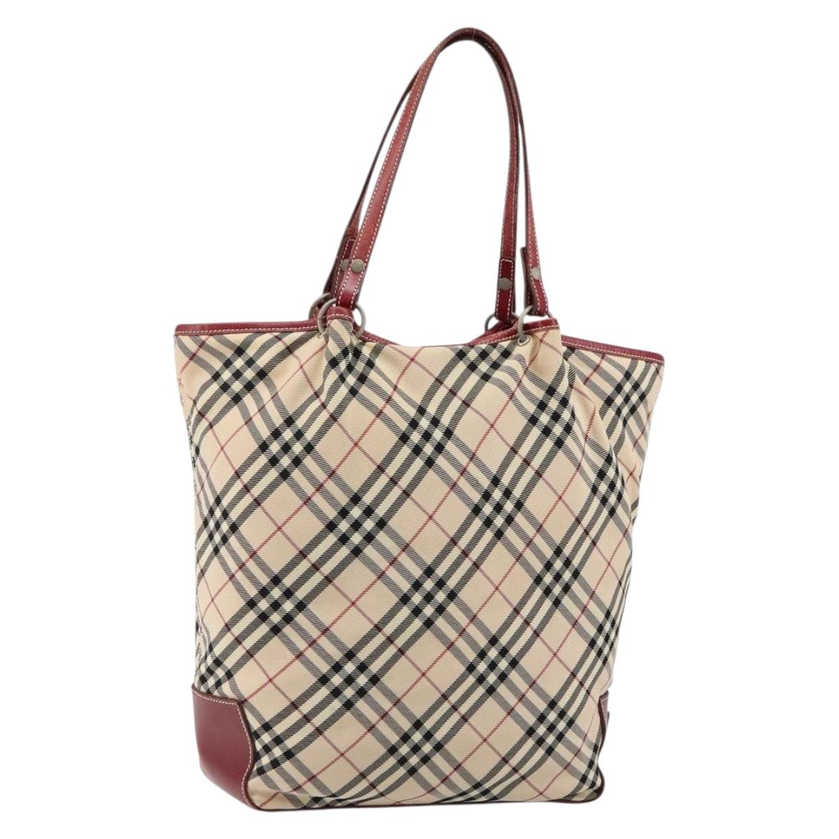 BURBERRY Nova Check Blue Label Tote Bag Nylon Beige Silver Auth 146443