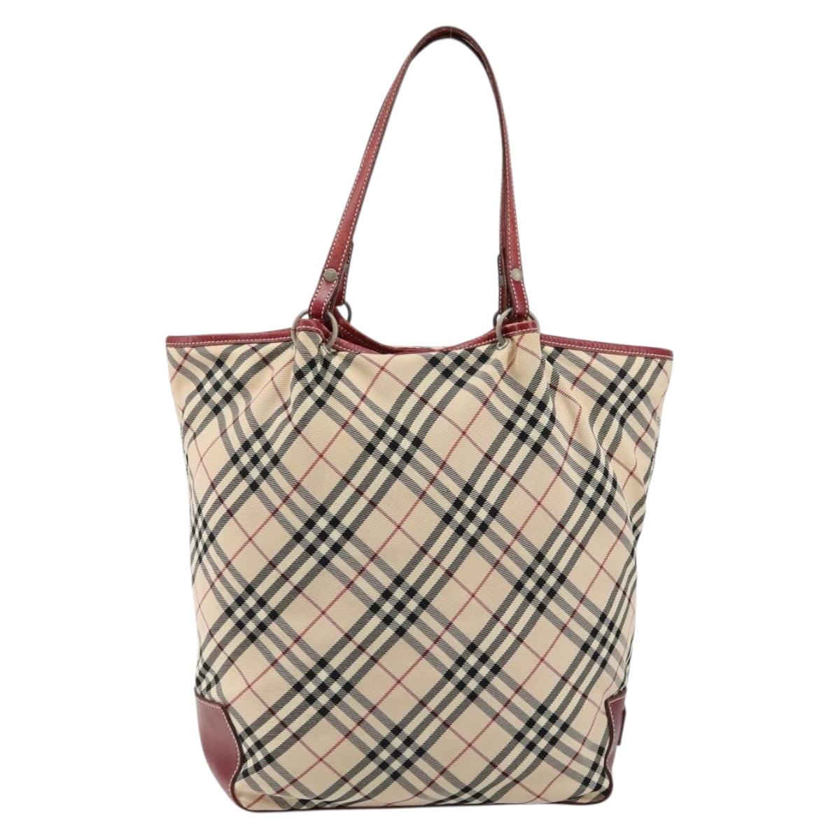 BURBERRY Nova Check Blue Label Tote Bag Nylon Beige Silver Auth 146443