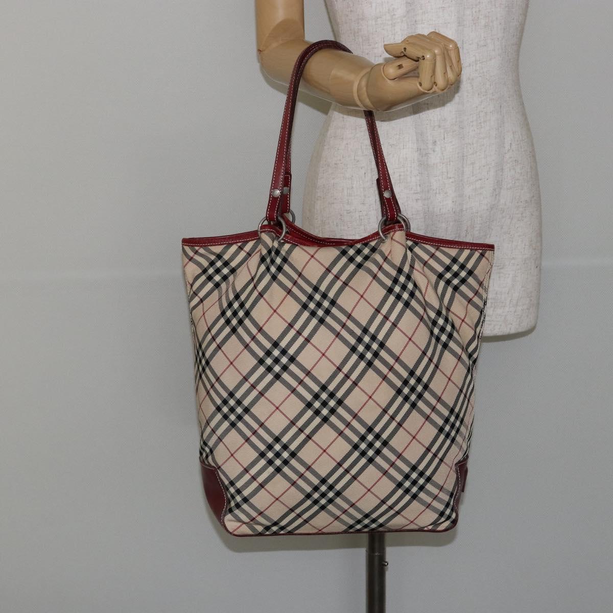 BURBERRY Nova Check Blue Label Tote Bag Nylon Beige Silver Auth 146443