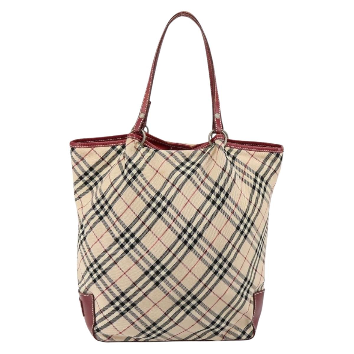 BURBERRY Nova Check Blue Label Tote Bag Nylon Beige Silver Auth 146443