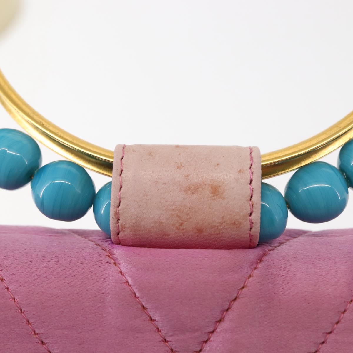 CHANEL V Stitch Hand Bag Satin Pink Gold CC Auth 146447