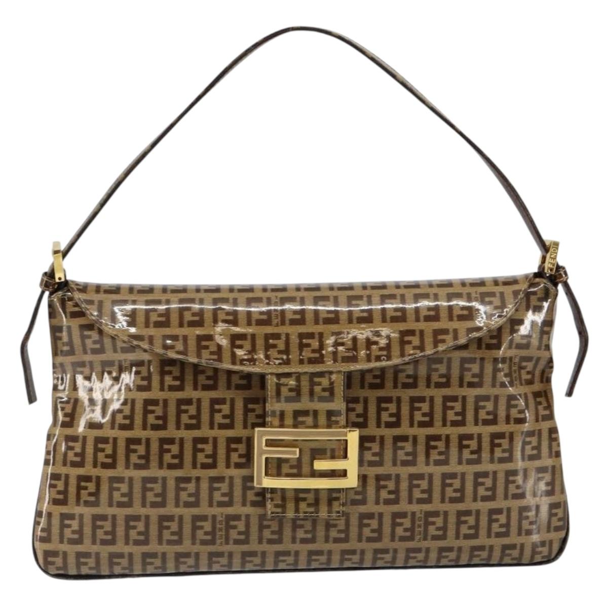 FENDI Zucchino Canvas Mamma Baguette Shoulder Bag Enamel Beige Gold Auth 146481