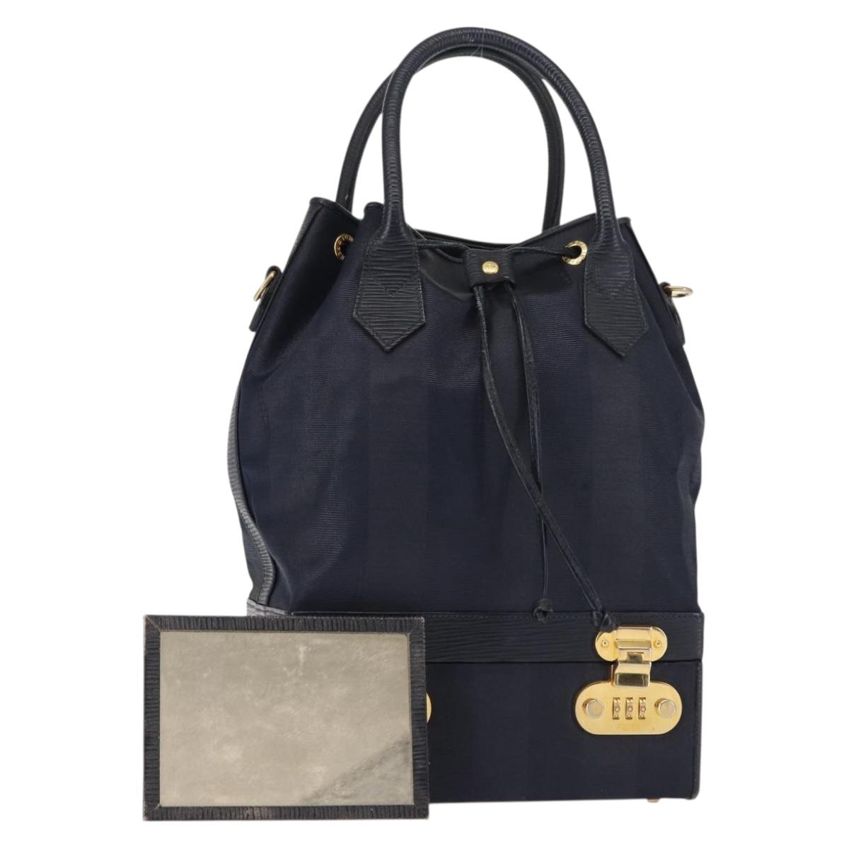 FENDI Pecan Canvas Hand Bag PVC Navy Gold Auth 146482