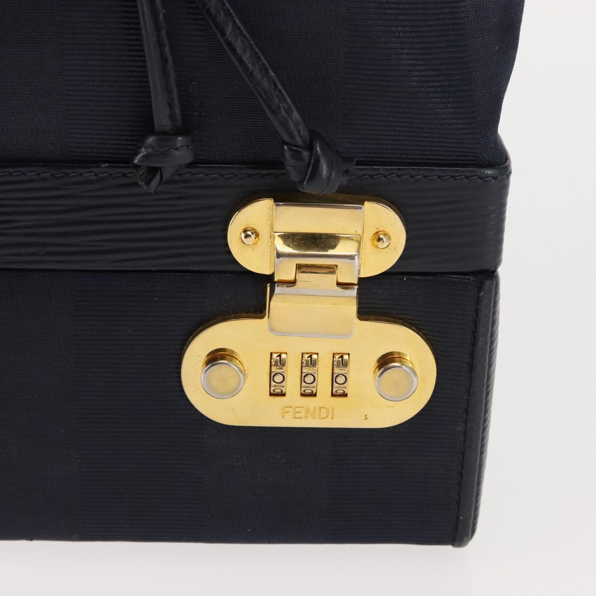 FENDI Pecan Canvas Hand Bag PVC Navy Gold Auth 146482