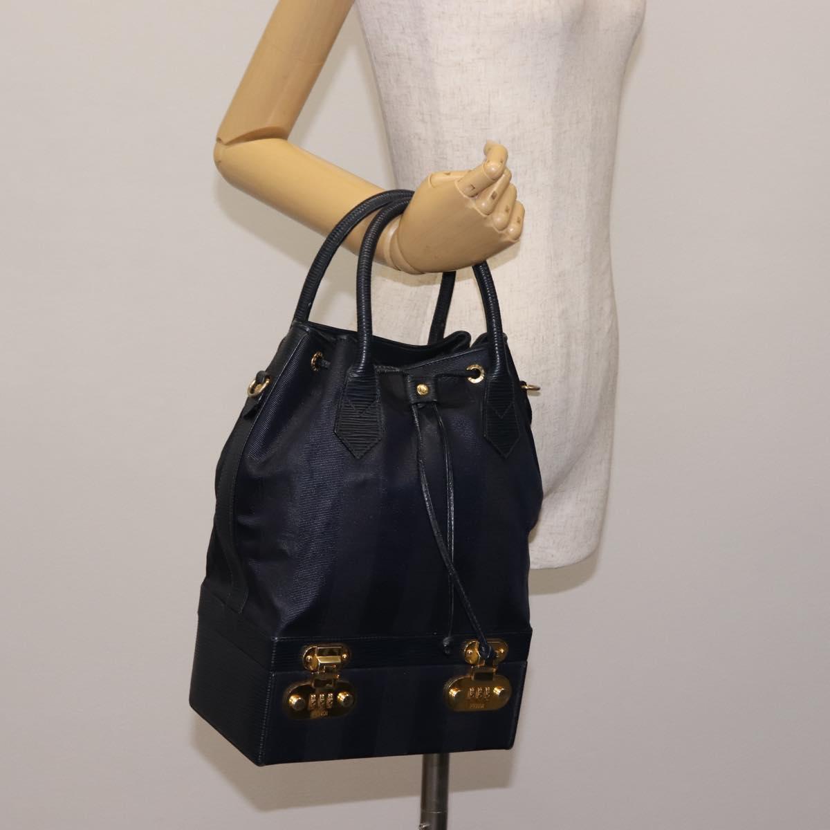 FENDI Pecan Canvas Hand Bag PVC Navy Gold Auth 146482