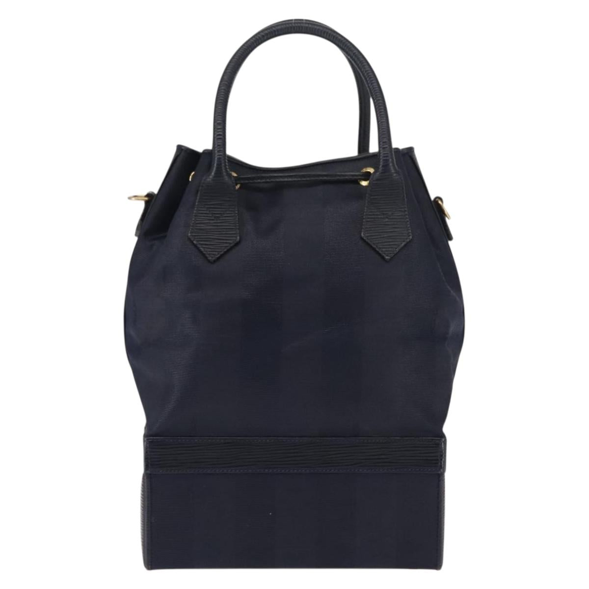 FENDI Pecan Canvas Hand Bag PVC Navy Gold Auth 146482