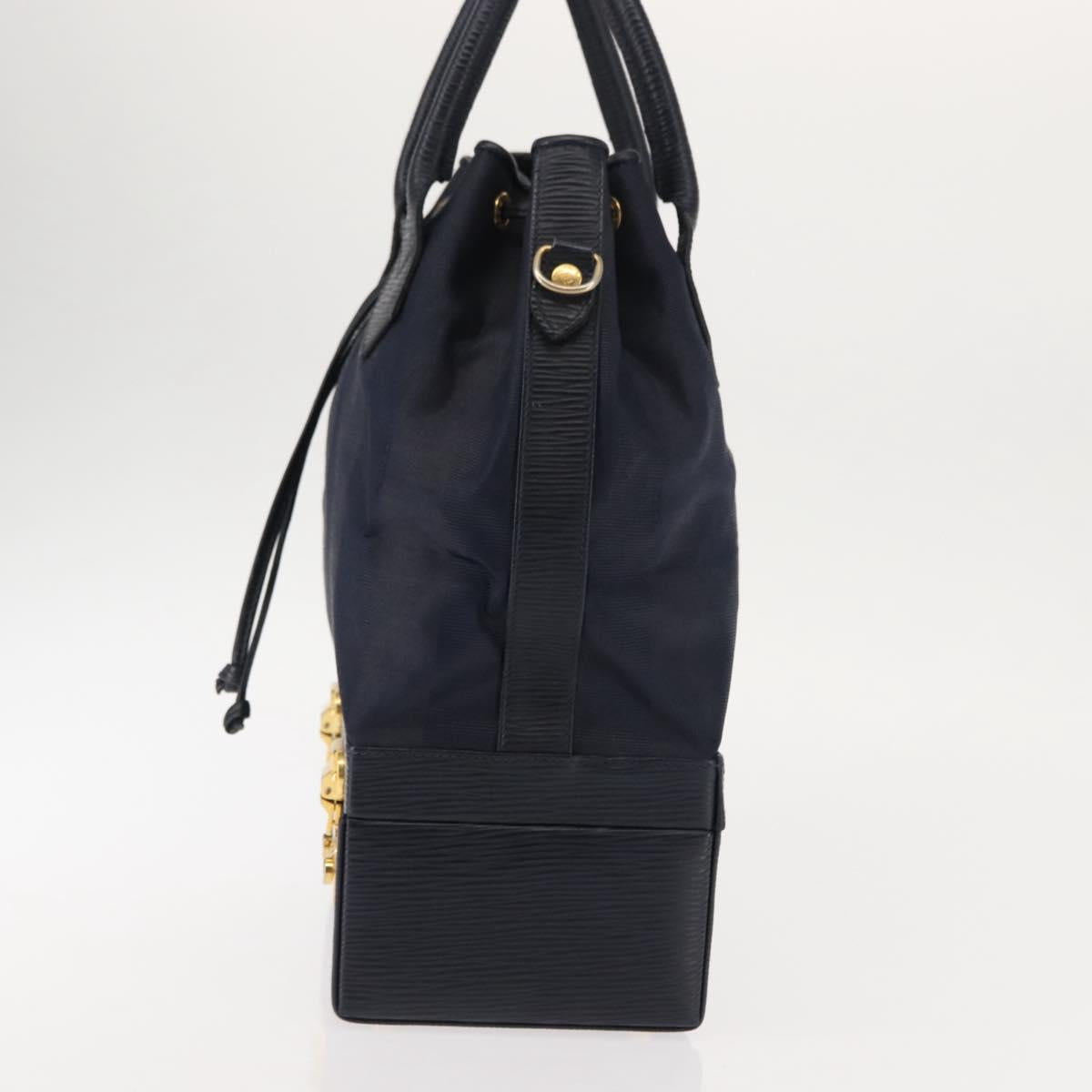 FENDI Pecan Canvas Hand Bag PVC Navy Gold Auth 146482