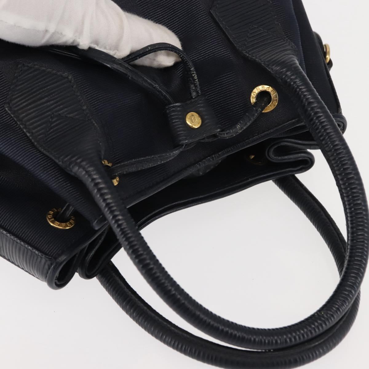 FENDI Pecan Canvas Hand Bag PVC Navy Gold Auth 146482