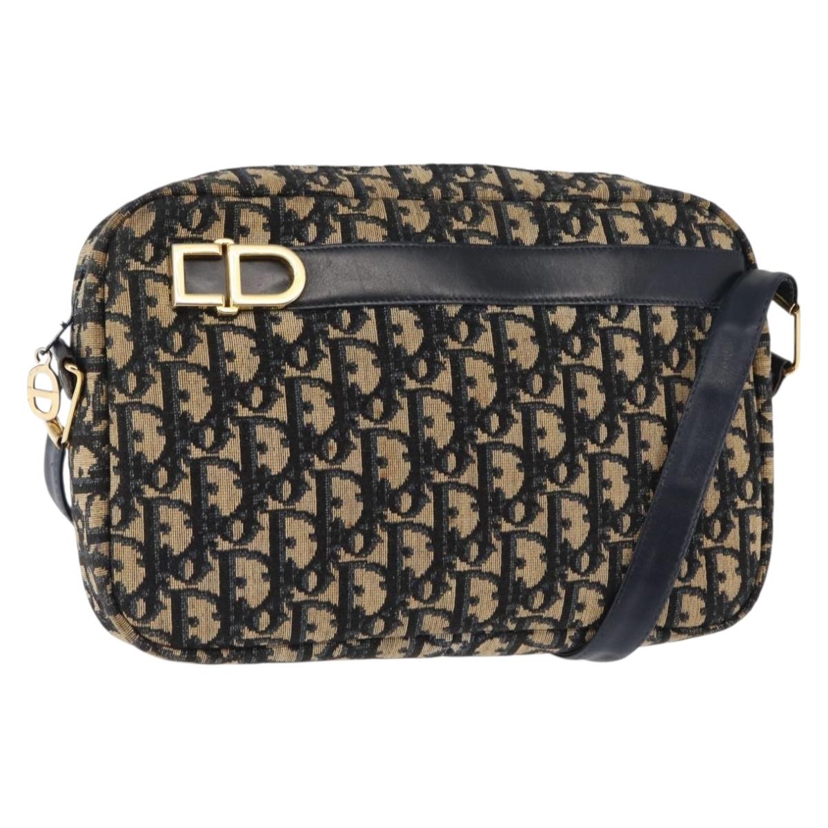Christian Dior Trotter Canvas Shoulder Bag Navy Gold Auth 146485