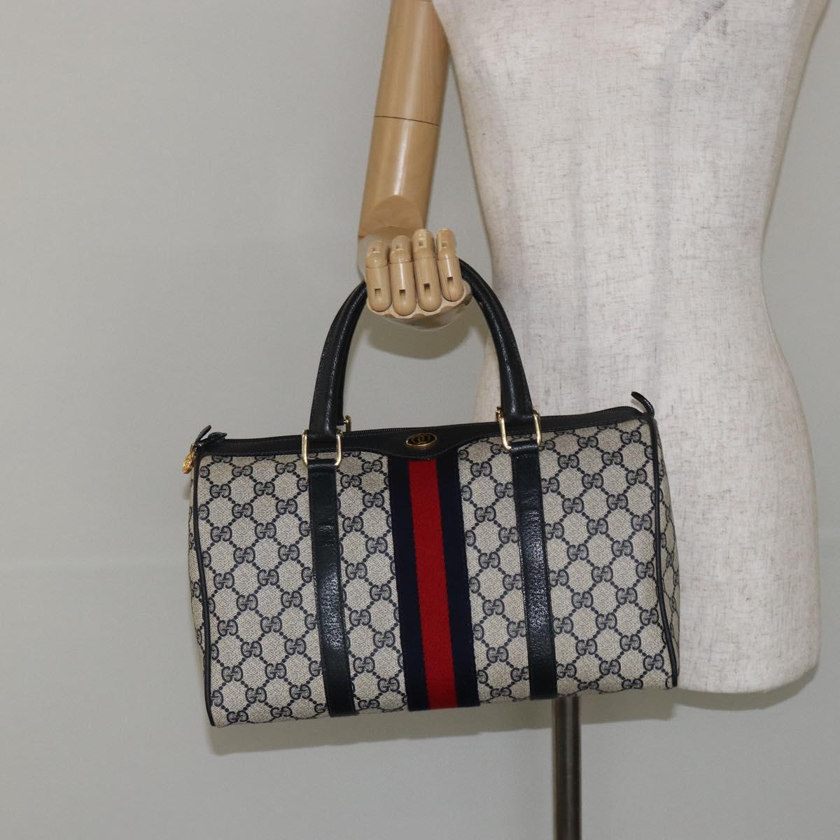 GUCCI GG Supreme Sherry Line Boston Bag PVC Navy Gold 39 02 007 Auth 146490
