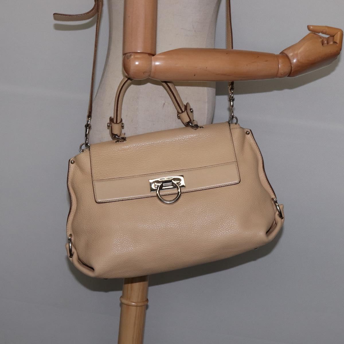 Salvatore Ferragamo Gancini Sofia Hand Bag Leather 2way Beige Silver Auth 146492