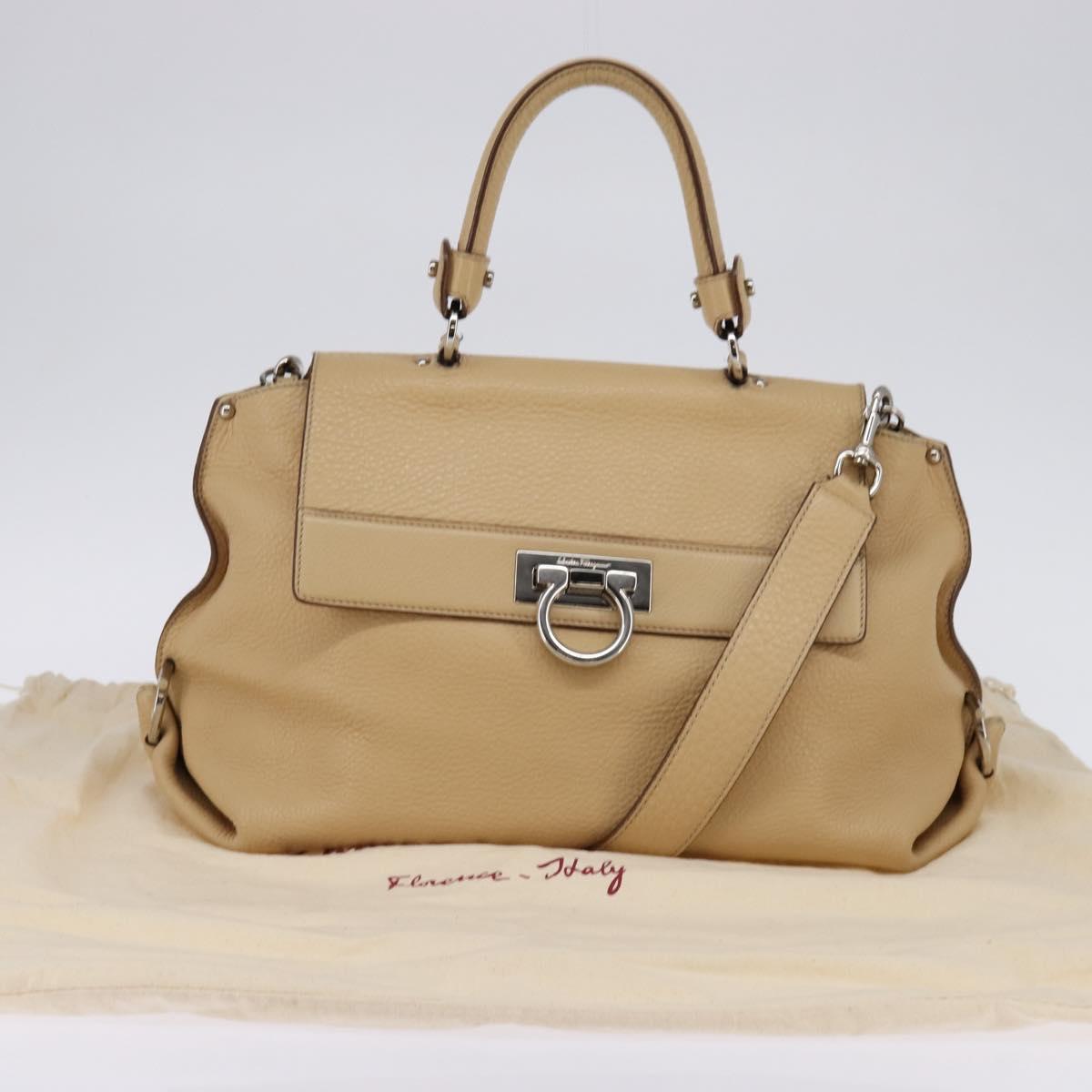Salvatore Ferragamo Gancini Sofia Hand Bag Leather 2way Beige Silver Auth 146492