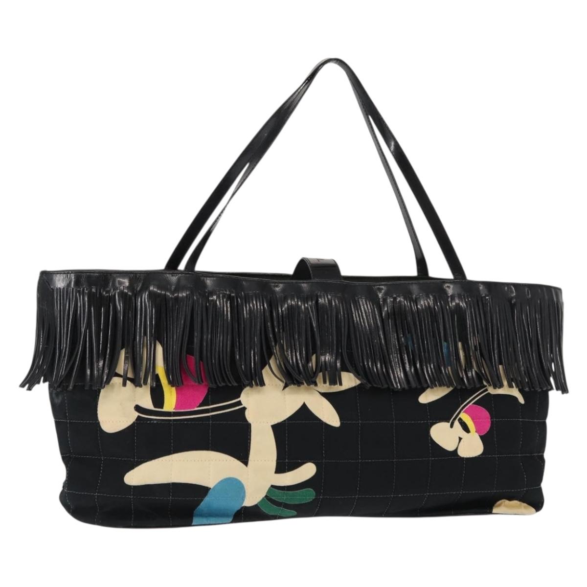 CHANEL Choco Bar Tote Bag Canvas Black Silver CC Auth 146496