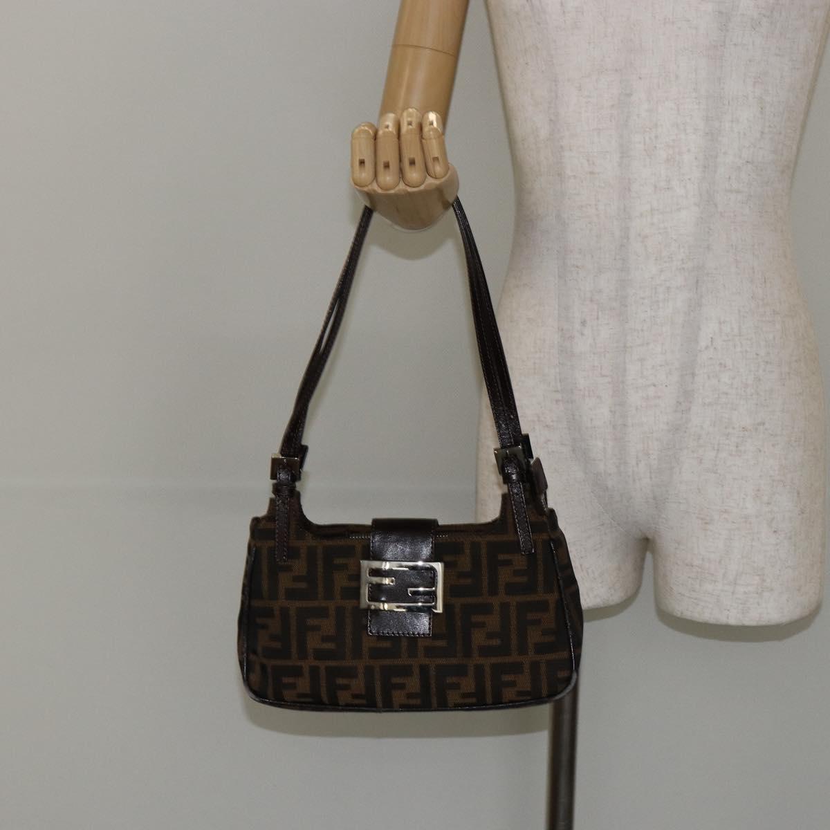 FENDI Zucca Canvas Shoulder Bag Black Brown Auth 146505