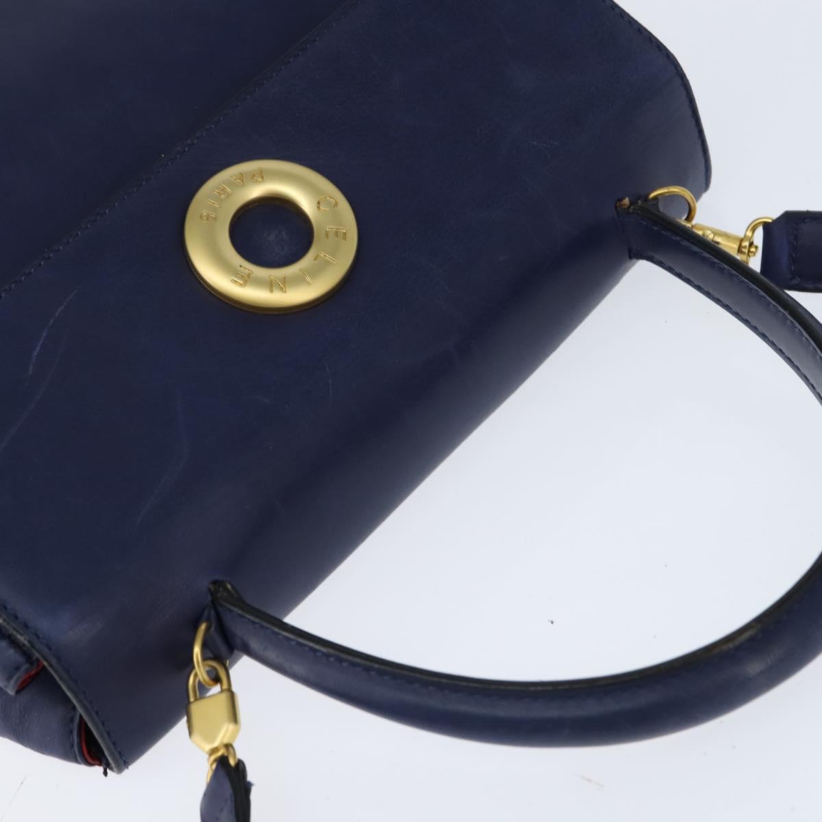 CELINE Circle Hand Bag Leather 2way Blue Gold Auth 146519
