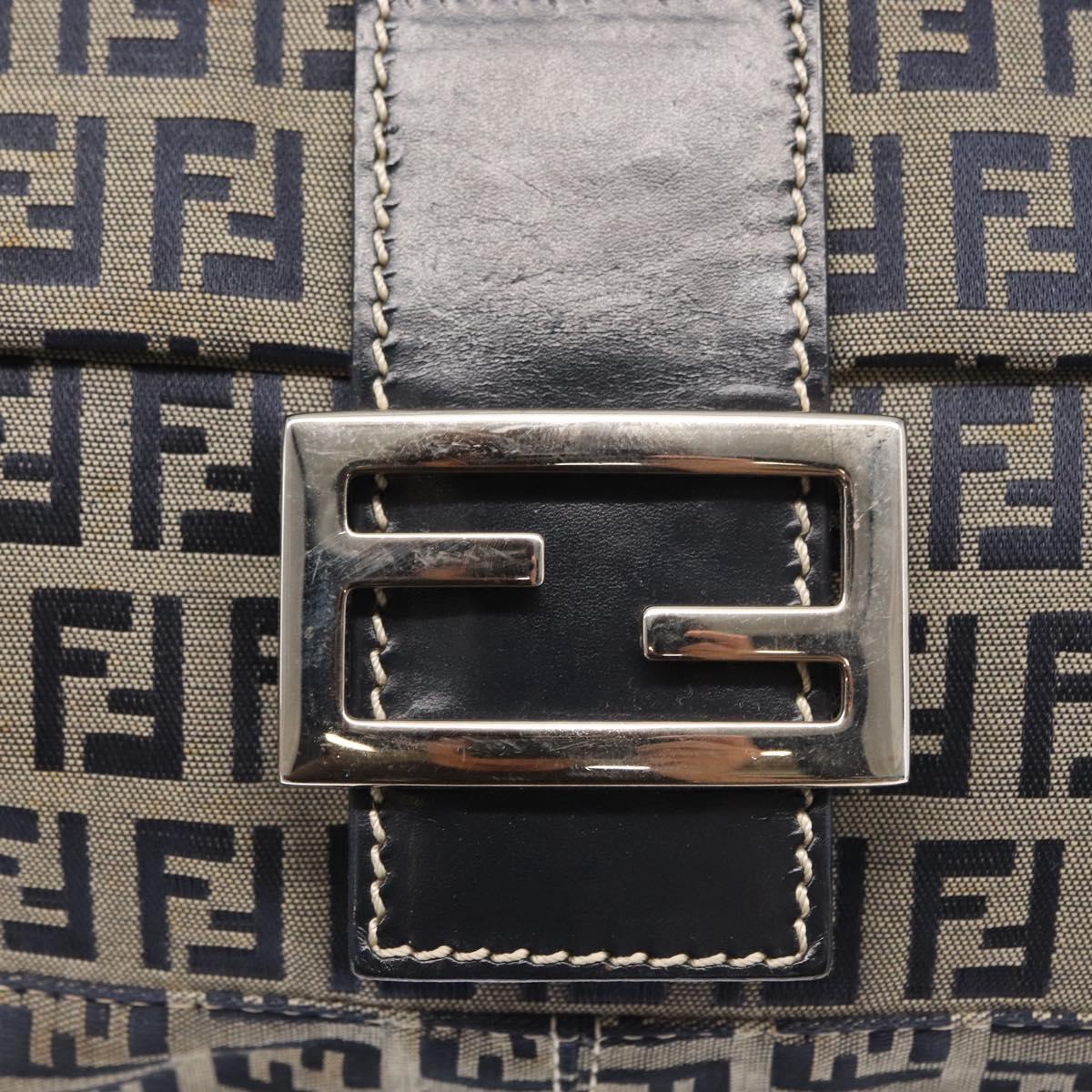 FENDI Zucchino Canvas Mamma Baguette Shoulder Bag Navy Silver Auth 146550V