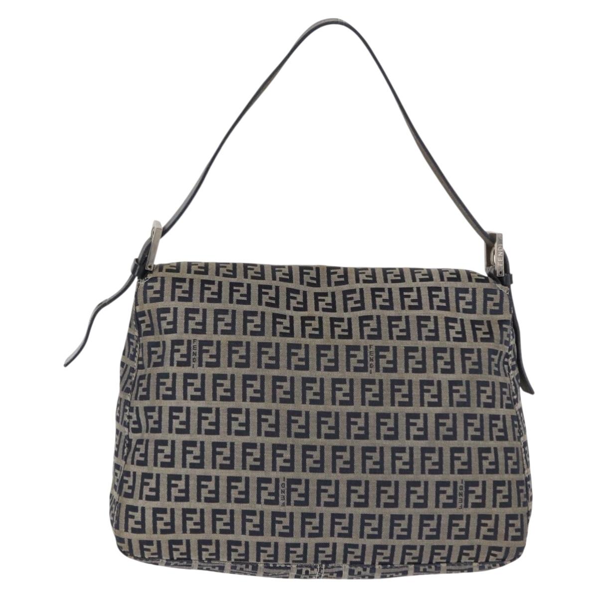 FENDI Zucchino Canvas Mamma Baguette Shoulder Bag Navy Silver Auth 146550V