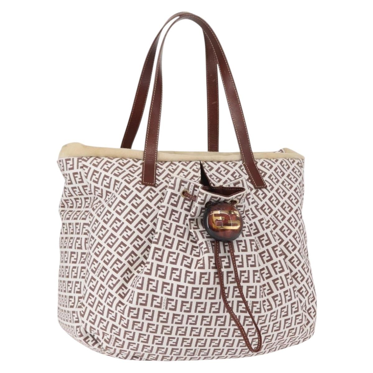 FENDI Zucchino Canvas Tote Bag White Brown Auth 146551V
