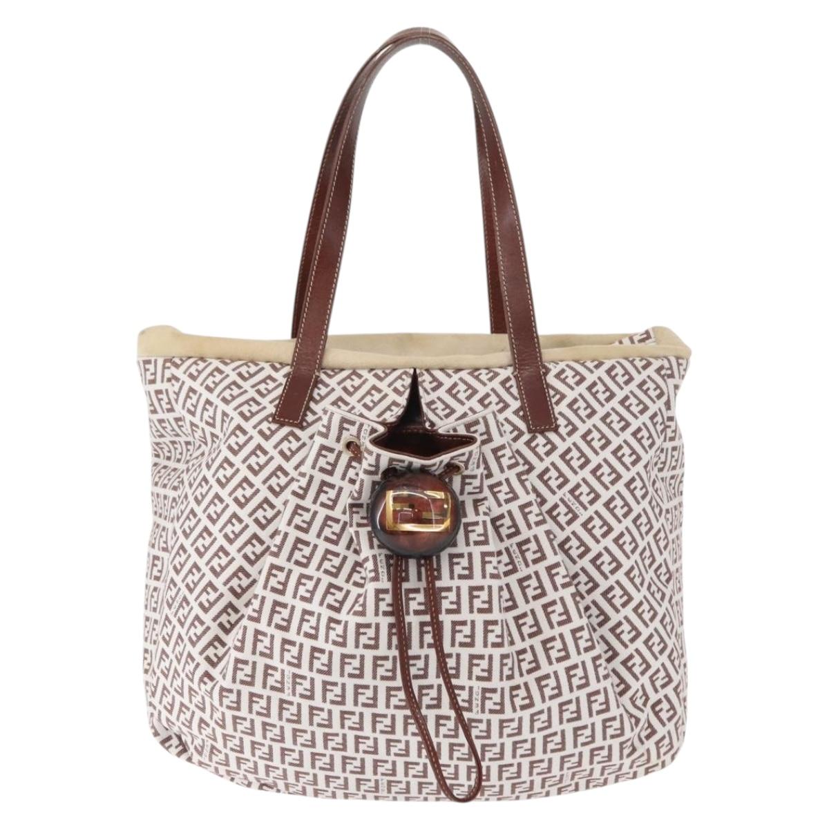 FENDI Zucchino Canvas Tote Bag White Brown Auth 146551V