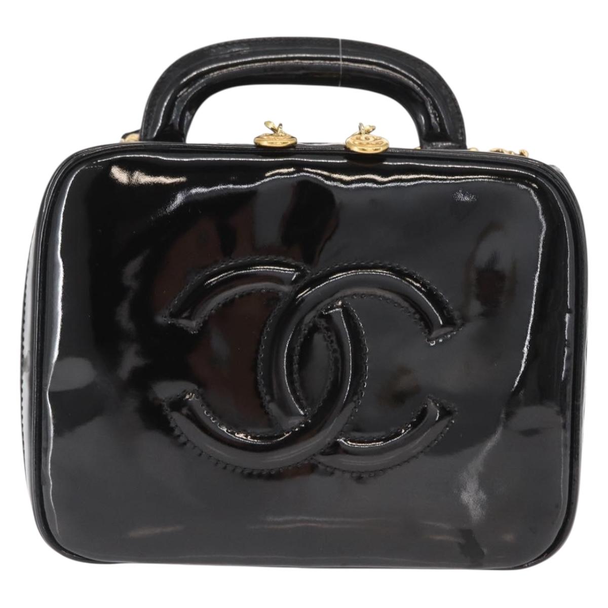 CHANEL Vanity Shoulder Bag Patent leather 2way Black Gold CC Auth 146552V