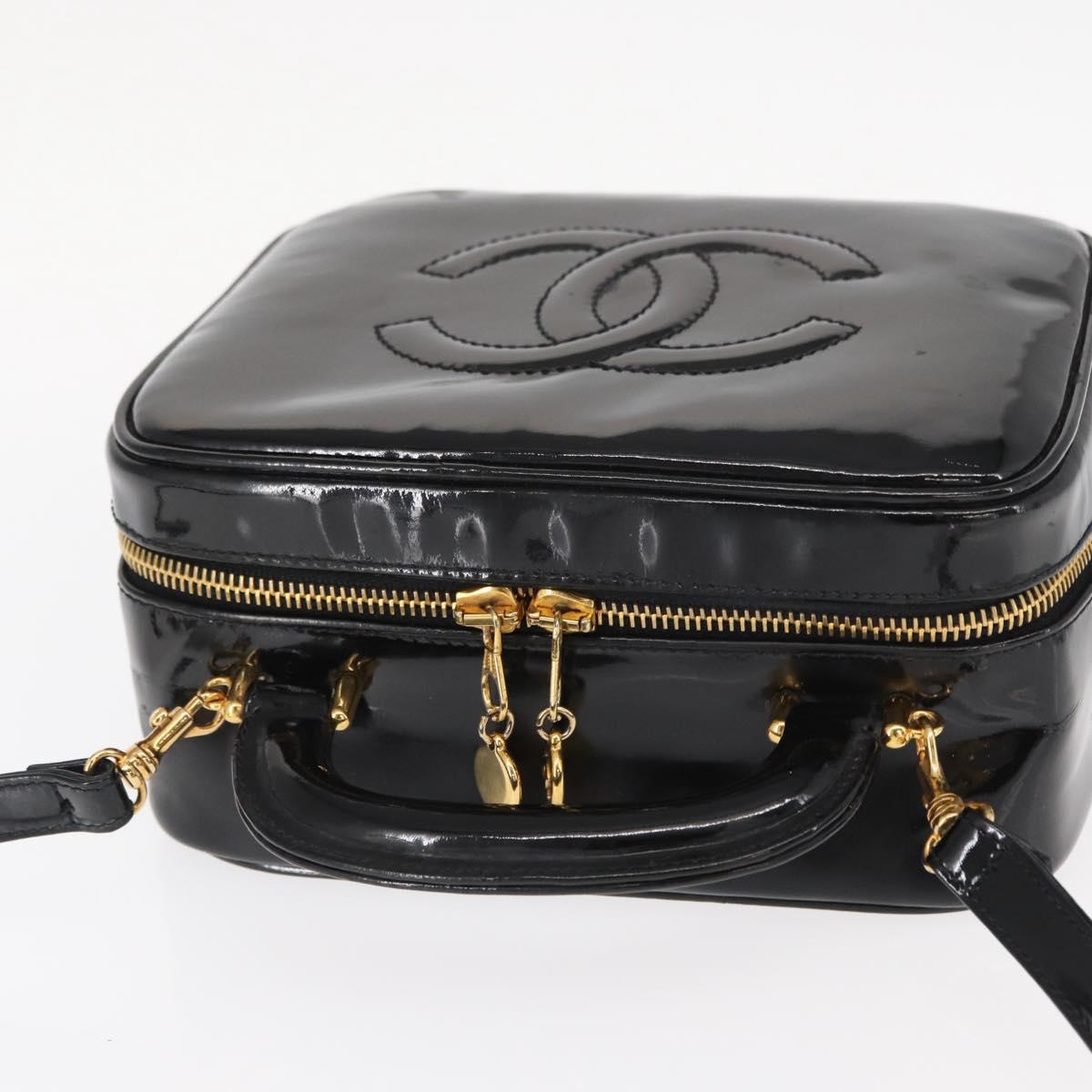 CHANEL Vanity Shoulder Bag Patent leather 2way Black Gold CC Auth 146552V