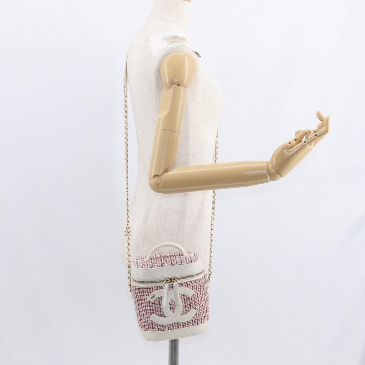 CHANEL Chain Vanity Shoulder Bag Tweed White Gold CC Auth 146553SAM