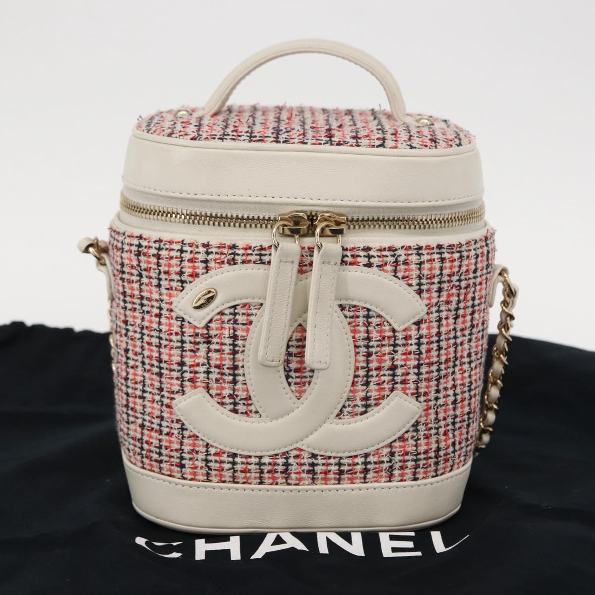 CHANEL Chain Vanity Shoulder Bag Tweed White Gold CC Auth 146553SAM