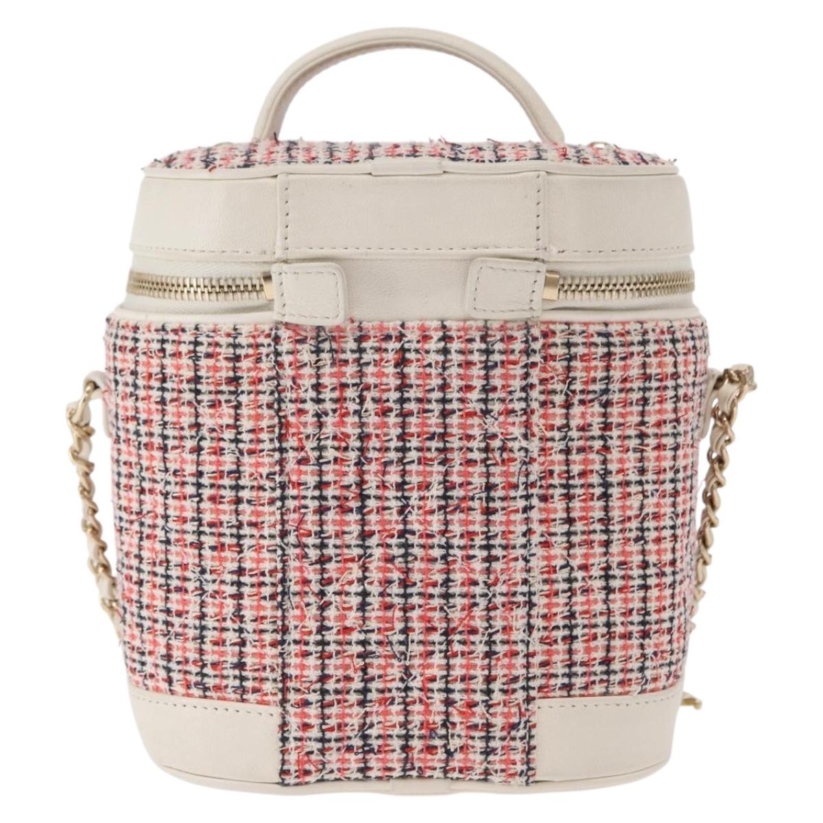 CHANEL Chain Vanity Shoulder Bag Tweed White Gold CC Auth 146553SAM