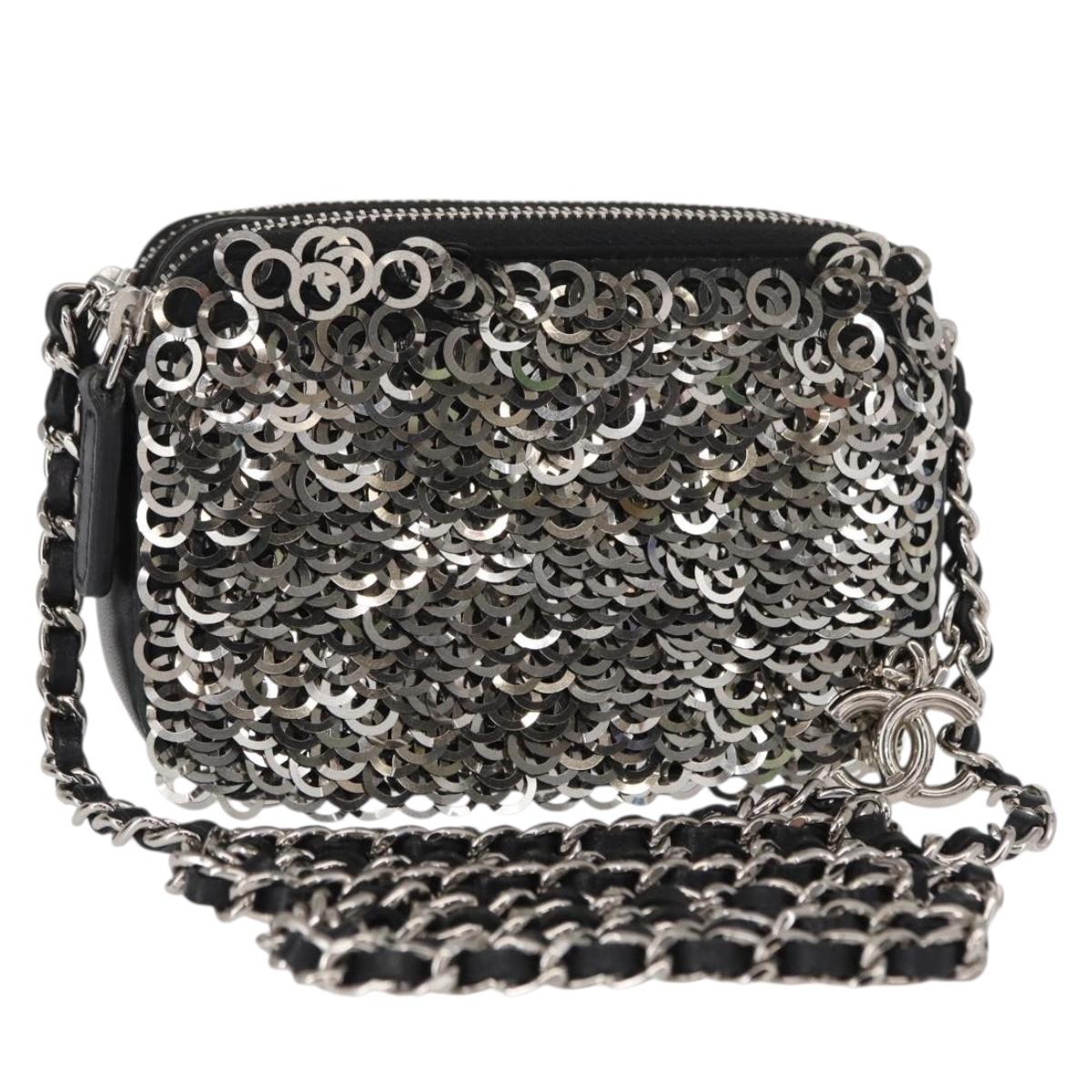 CHANEL Chain Shoulder Bag Sequin Black Silver CC Auth 146554SM
