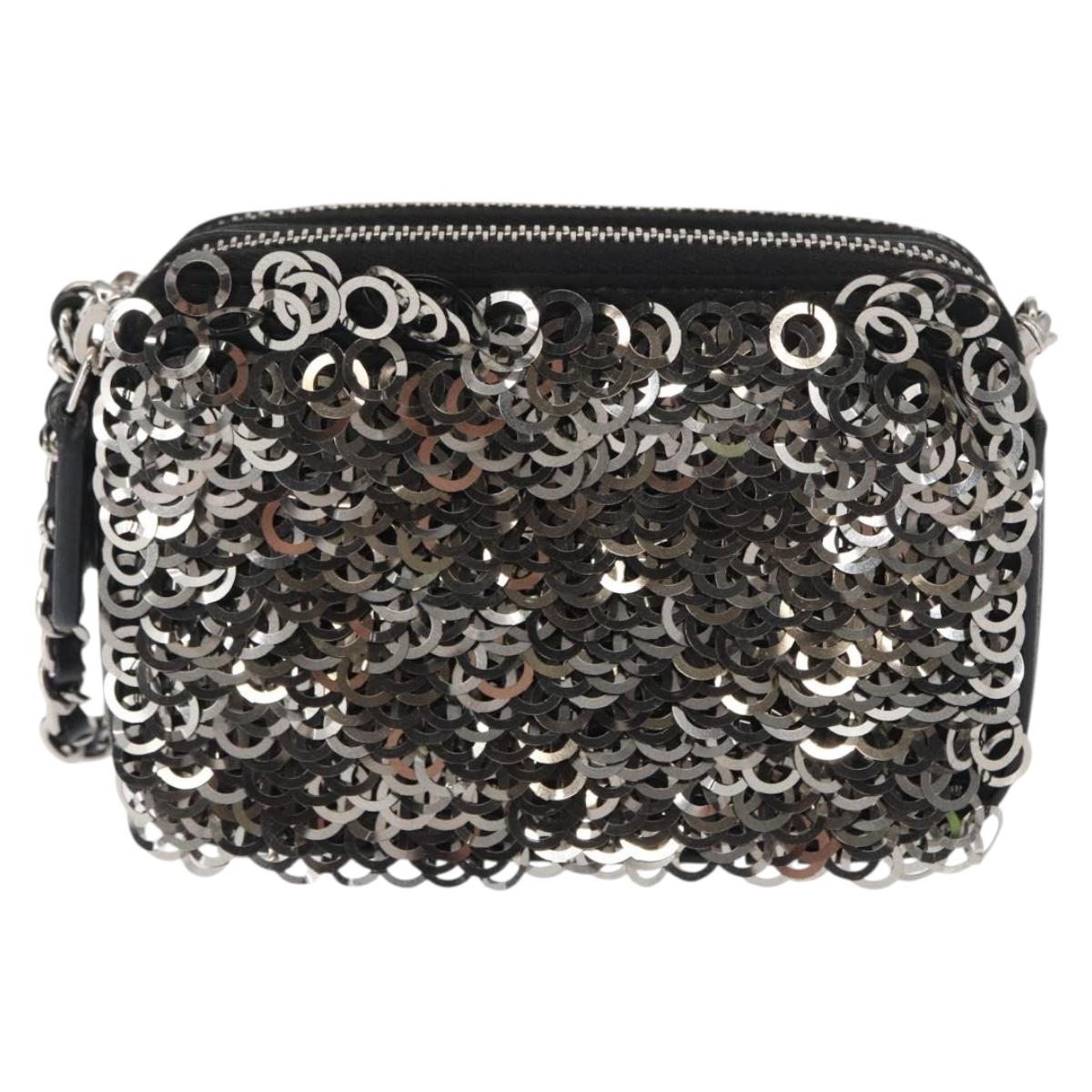 CHANEL Chain Shoulder Bag Sequin Black Silver CC Auth 146554SM