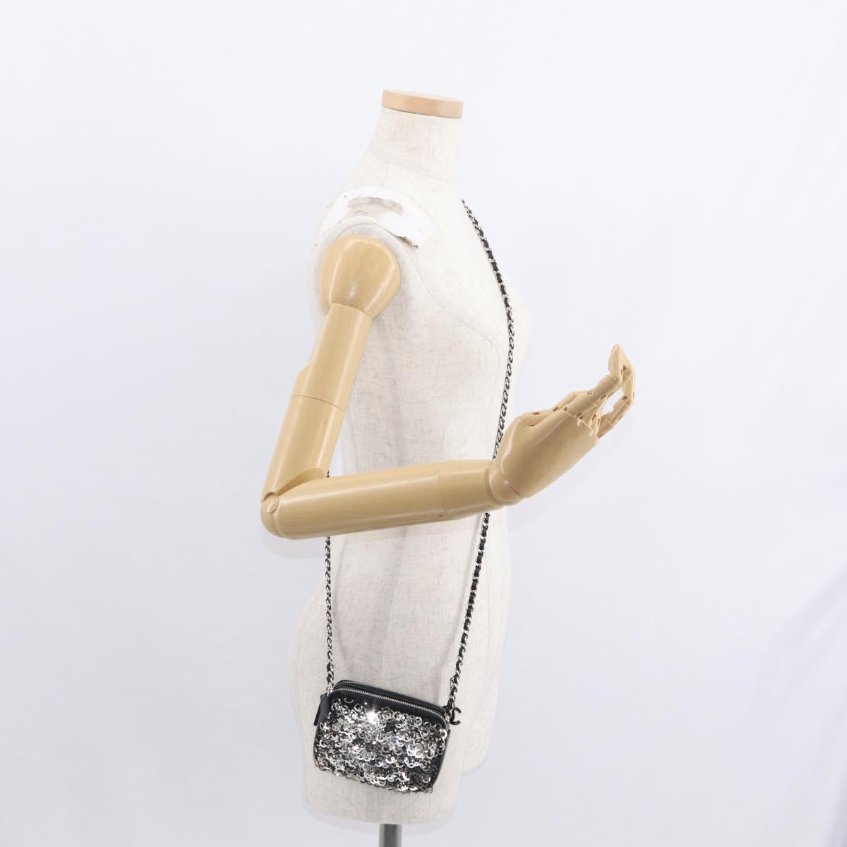 CHANEL Chain Shoulder Bag Sequin Black Silver CC Auth 146554SM
