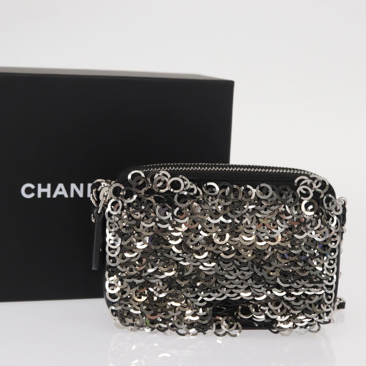 CHANEL Chain Shoulder Bag Sequin Black Silver CC Auth 146554SM