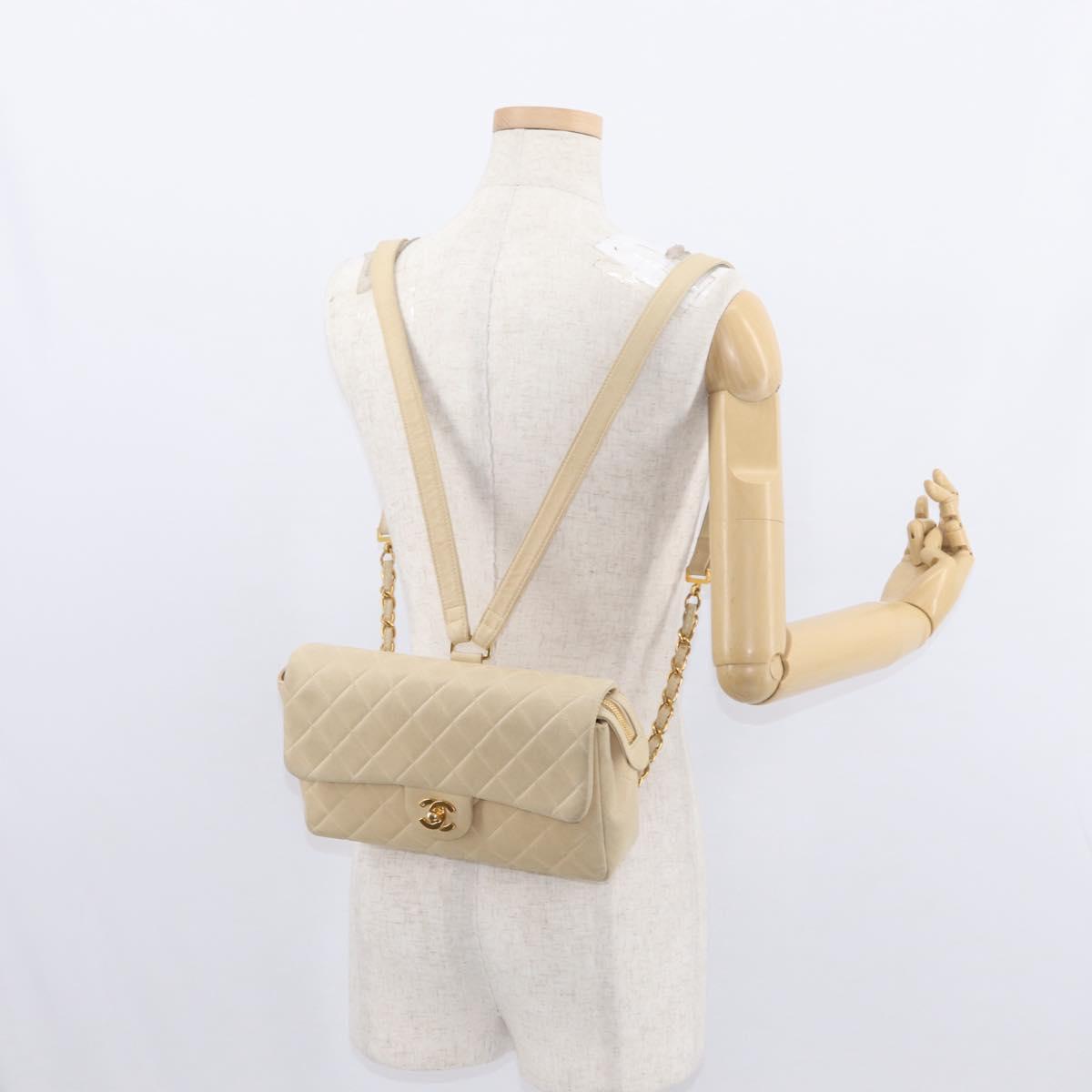 CHANEL Matelasse Backpack Lamb Skin Beige Gold CC Auth 146557V