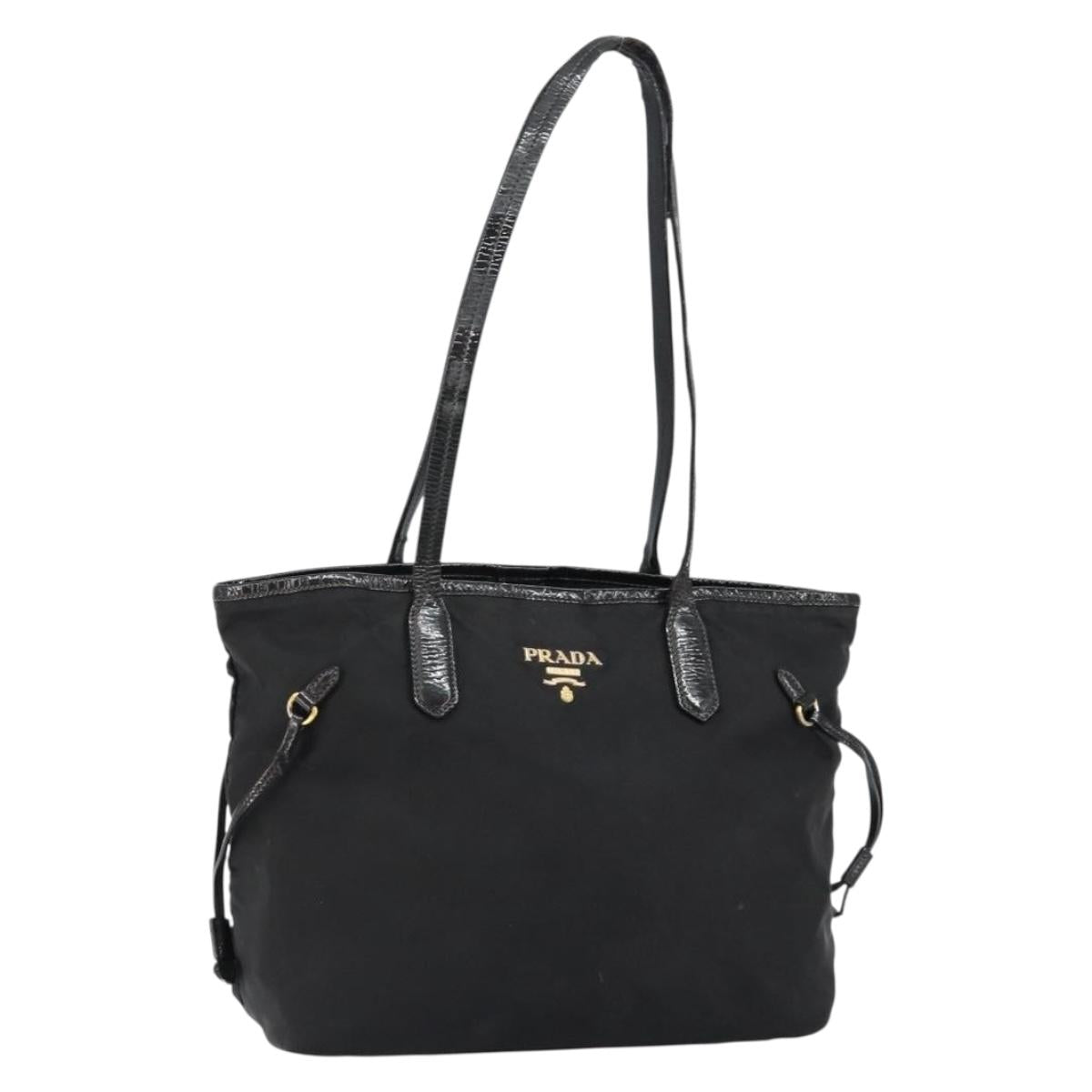 PRADA Tote Bag Nylon Black Gold Auth 146580