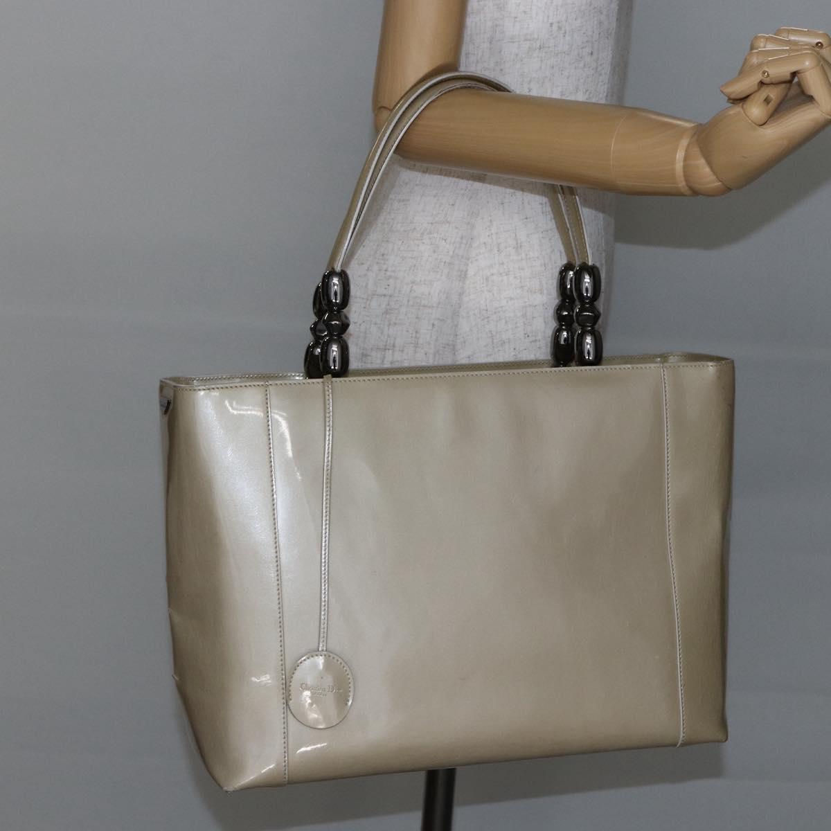 Christian Dior Maris Pearl Tote Bag Patent leather Beige Auth 146601