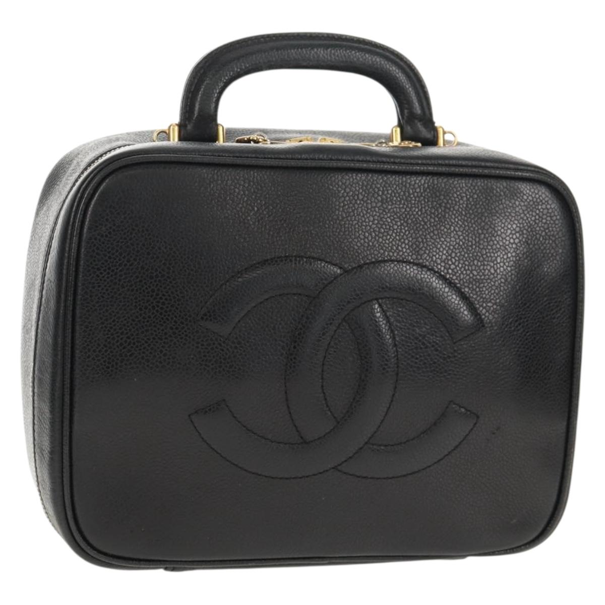 CHANEL COCO Mark Vanity Hand Bag Caviar Skin Black Gold CC Auth 146602V