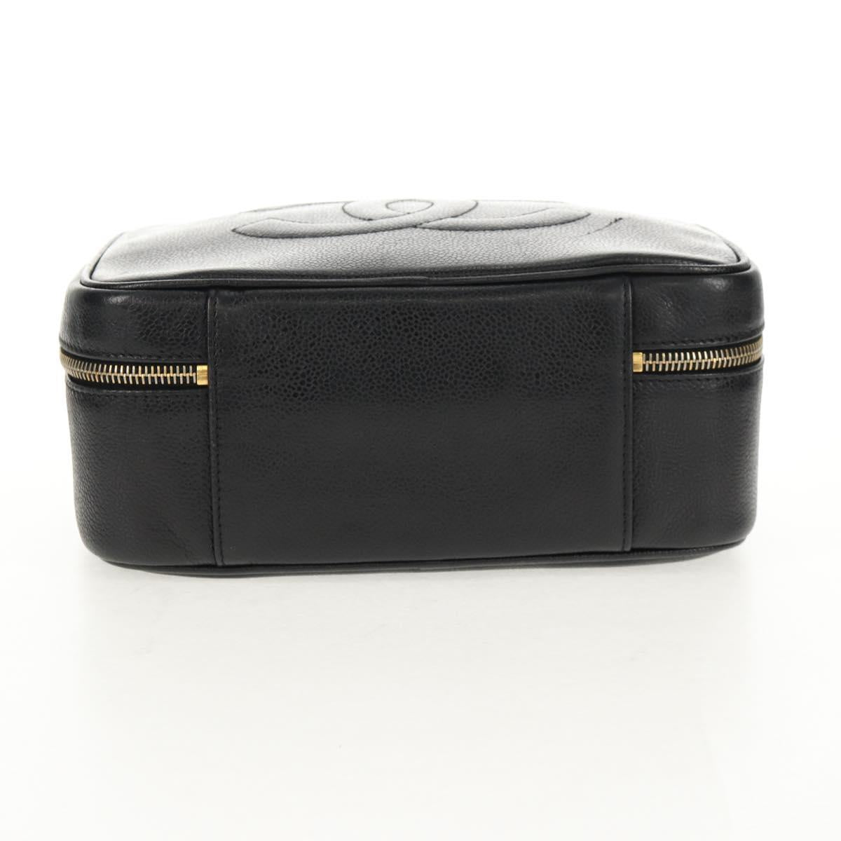 CHANEL COCO Mark Vanity Hand Bag Caviar Skin Black Gold CC Auth 146602A