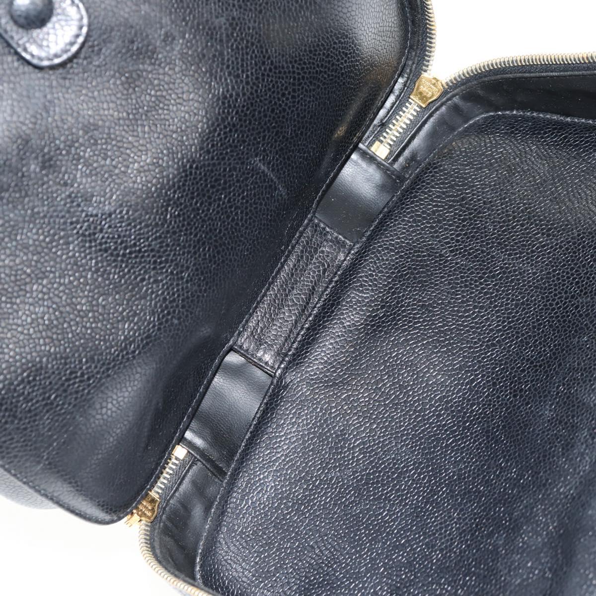 CHANEL COCO Mark Vanity Hand Bag Caviar Skin Black Gold CC Auth 146602A