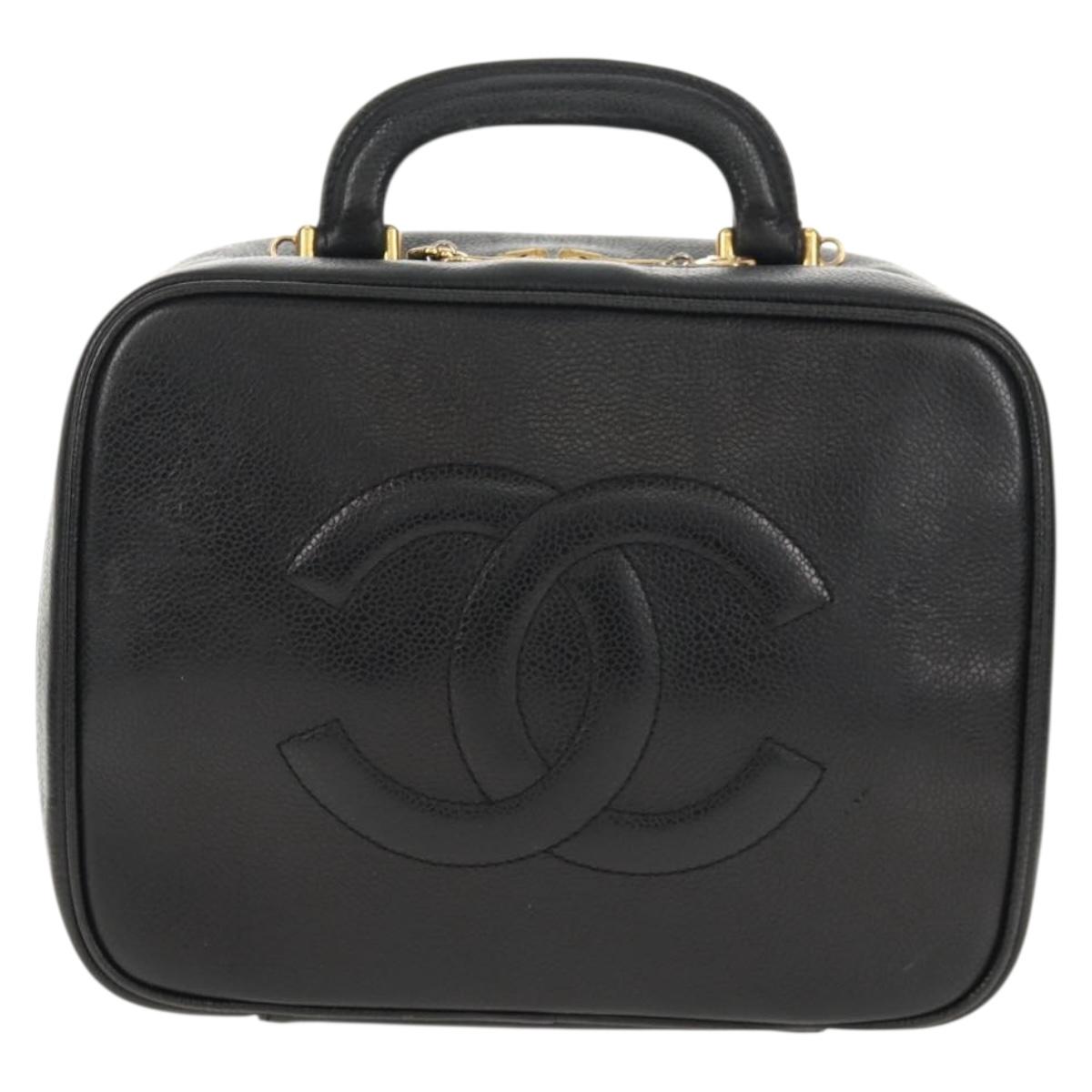 CHANEL COCO Mark Vanity Hand Bag Caviar Skin Black Gold CC Auth 146602V