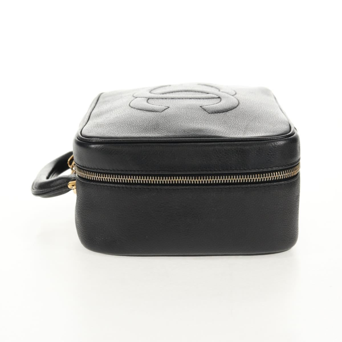 CHANEL COCO Mark Vanity Hand Bag Caviar Skin Black Gold CC Auth 146602A