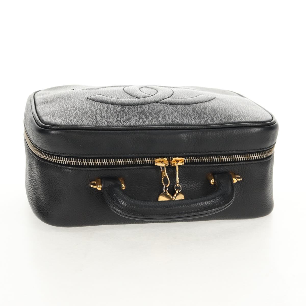 CHANEL COCO Mark Vanity Hand Bag Caviar Skin Black Gold CC Auth 146602V