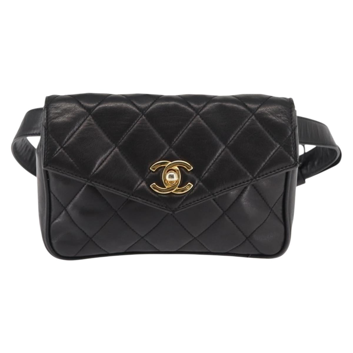 CHANEL Waist pouch Matelasse Waist bag Leather Black Gold CC Auth 146618