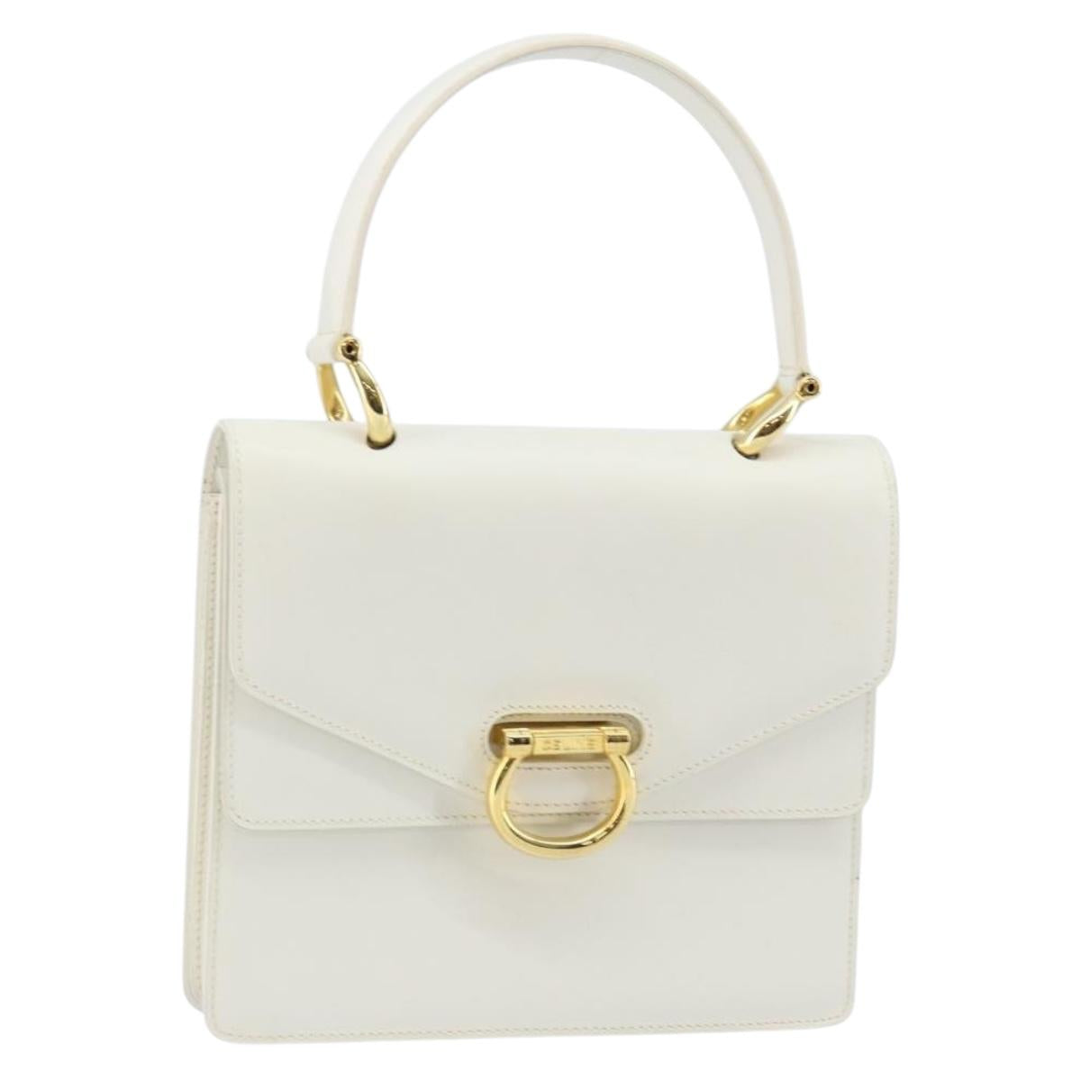 CELINE Hand Bag Leather White Gold Auth 146638